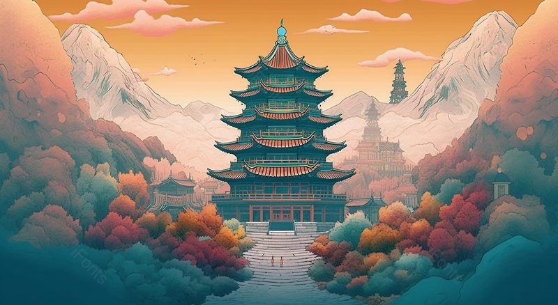 远看山脚阁楼树林环绕中国风国潮古典中国传统文化背景插画,插画/手绘图,插画/手绘图库,插画/手绘图下载,插画/手绘